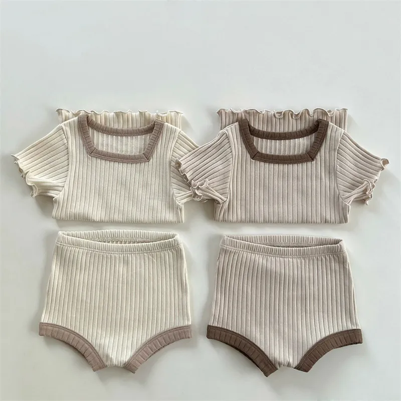 Bộ 2 Chiếc Quần Đùi Cạp Cao Bụng Tay Ngắn Dải Hố Vải Cotton Cho Trẻ Sơ Sinh Trẻ Em Bộ Đồ Ngủ Gia Đình Cho Bé Trai Và Bé Gái