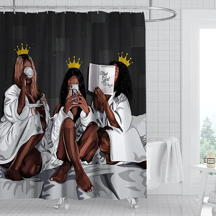Afro amerikaner Schwarzes Mädchen Lustiger Cartoon Wasserdichter Badezimmer-Dusch vorhang 3D Benutzer definierter Bad vorhang mit 12 Haken