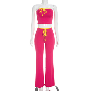 Viviblook Q26ST150 Women New Autumn <b>Set</b> <b>Sexy</b> Sleeveless Color Blocking Strapless Top Flared Pants Two Piece <b>Set</b> - Product Image 2
