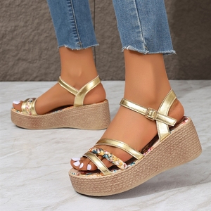 Sandales compensées <span class=keywords><strong>espadrilles</strong></span> pour femmes, imprimé floral et lanières métalliques, vente en gros d'usine pour l'été - Product Image 3