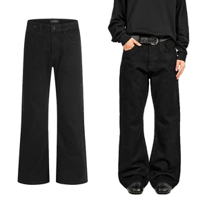 Jeans rétro américains de créateur, couleur unie noire, coupe slim pour homme, design tendance, streetwear décontracté, jeans bootcut pour homme - Product Image 1