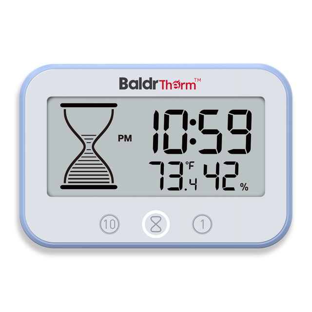 BaldrTherm IP67 Waterproof Plastic Countdown Timer with Temp-Humidity Display Easy-to-Set Memory Mode for Shower Bathroom Bakery
