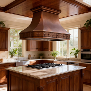 Maßgefertigte Handgehämmerte Kupfer-Dunstabzugshaube im Traditionellen Europäischen Villenstil mit Geprägtem Schürzenmuster Einsatzbereit für Inselinstallation - Product Image 5