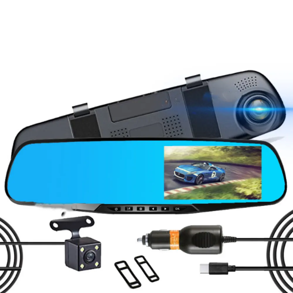 กล้องติดรถยนต์1080P DVR เลนส์คู่ติดรถยนต์, กล้องบันทึกวิดีโอความละเอียด HD ขนาด4.3 "นิ้ว G-Sensor กล้องมองหลังรถยนต์กล่องดำ