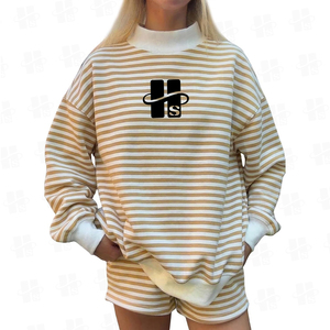 Custom Two Piece Striped Sweatshirt And Shorts Wholesale Cotton French Terry Streetwear Mockneck Sweatshirt Set Girls Stripes - Product Image 3
