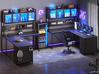 Bureau de jeu en forme de L avec tiroirs Unités de rangement Éclairage LED Prise de courant Brun rustique Bureau à domicile Table de travail d'angle