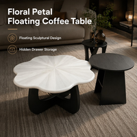 Table basse de salon sur mesure en bois sculpté avec panneau en forme de pétale, tiroir de rangement dissimulé et écologique