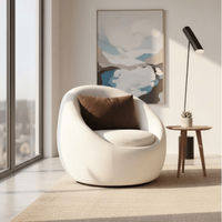 Fauteuil monoplace moderne minimaliste en bois massif à coins arrondis, tissu blanc, style hôtelier, décontracté, pour appartement et villa