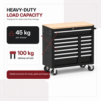 Chariot à outils mobile robuste moderne de 40 pouces avec 13 tiroirs, serrure à clé OEM, capacité de charge de 600 kg, dessus en bois massif