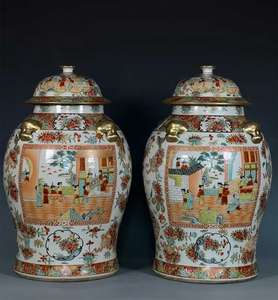 กระถางเซรามิกเคลือบทองพาสเทลลายดอกไม้นกคน ขนาด 17 นิ้ว ยี่ห้อเฉียนหลง คู่ กระถางขิงจีนลายฟามิลโรส พร้อมฝาปิด - Product Image 1