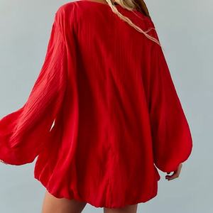 Nuevo Vestido Mini Bohemio Rojo para Mujer con Cuello en V Profundo, Mangas Farol y Dobladillo con Volantes - Product Image 3