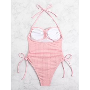 Traje de baño de una pieza para mujer, estilo halter, con fruncido y cordón lateral, de nailon y elastano elástico, para playa - Product Image 5