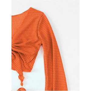 Ensemble de bikini 4 pièces personnalisé pour femme avec paréo, maillot de bain orange, design torsadé, extensible, en spandex et polyester - Product Image 4