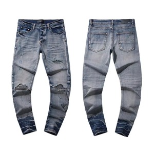 Jeans de Mezclilla de Alta Calidad, Diseño Amiriy Vintage, Corte Slim Fit, Desgastados con Pedrería, 100% Algodón, Estilo Urbano - Product Image 3