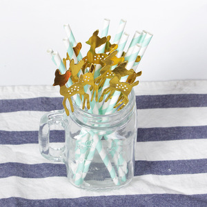 Joinhot Golden Deer Paper Straws Light Green Striped 12 Piece Set Disposable Party Decorations - Product Image 2