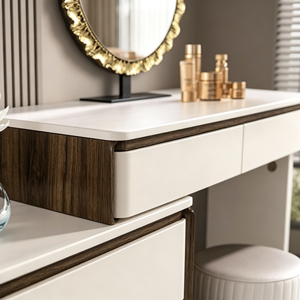 Coiffeuse moderne blanche avec miroir rond, meuble de rangement et tabouret pour chambre à coucher - Product Image 3