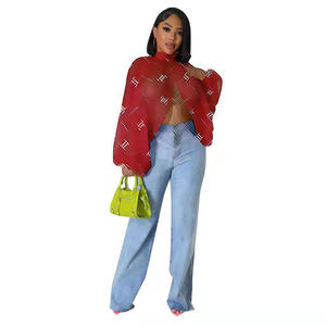 DD0038 Европейский Американский Женский Повседневный модный летний топ, сексуальный прозрачный сетчатый топ с рукавом летучая мышь, обтягивающий галстук спереди - Product Image 4