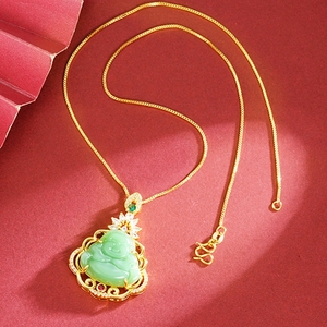 Pingente de Buda com Corrente Banhada a Ouro <span class=keywords><strong>24k</strong></span>, Clássico, com Jade Verde, Amuleto da Sorte, Joia da Moda para Mulheres e Homens - Product Image 2
