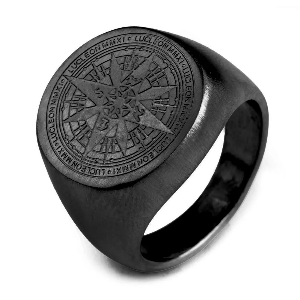 Luxury Fashion Gold Stainless Steel Round Compass Signet Ring for Men Jewelry