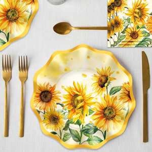 FDA Approved 9-Inch <b>Disposable</b> Paper <b>Plate</b> with Scallop Edges Yellow Sunflower FOIL & 350gsm White Board Party Supplies - Product Image 1