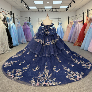 Vestido de Quinceañera Azul Marino y Dorado Dy1345 con Cuentas, Vestido de Fiesta de Cumpleaños, 100% Algodón Chifón, con Sujetador Incorporado, Maxi Vestido de Fiesta - Product Image 2