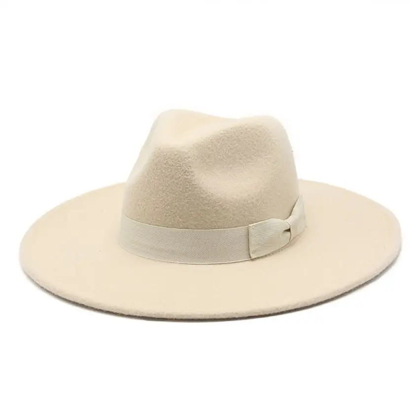 Fashion Flat Solid Color Cotton Faux Wool Felt Women Party Wear Fedora Hat with Matching Ribbon Bow Design