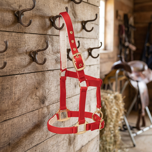Harnais de cheval de style anglais personnalisable de haute qualité, en nylon rouge doux, avec boucles en étain, logo personnalisé, pour chevaux de taille Full-Cob/Shetland Primo - Product Image 3