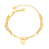 Bracelet élégant en acier inoxydable double couche, étanche et inaltérable, avec breloque disque rond minimaliste pour femme