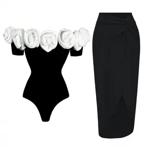2024 Vintage 3d Witte Bloem Off Shoulder Badpak En Rok Badmode Set Vrouwen Strandkleding Luxe Badpakken