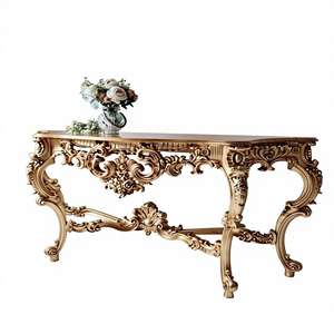 Table carrée en bois massif antique de qualité supérieure, artisanale, avec accents décoratifs dorés, pour le salon - Product Image 1