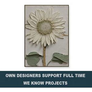 Peinture à l'huile de fleurs blanches texturées avec centre doré, art mural floral en impasto 3D, décoration minimaliste pour les intérieurs d'hôtels modernes - Product Image 1