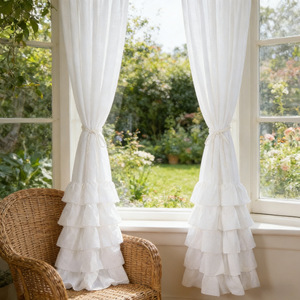 Tenda Bianca Stile Rustico con Balze, Tenda Solida <span class=keywords><strong>per</strong></span> Finestra con Tasca <span class=keywords><strong>per</strong></span> Asta e Orlo a Balze a Strati - Product Image 4