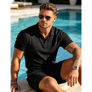FOXA Mens Polo Shirt And <b>Shorts</b> Set Knitted Breathable Summer Casual Outfit <b>Short</b> Sleeve Twisted Texture Two Piece - Product Image 2