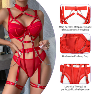 Completo Lingerie Sexy <span class=keywords><strong>Rosso</strong></span> <span class=keywords><strong>Trasparente</strong></span> con <span class=keywords><strong>Reggiseno</strong></span> a Rete e Catena Halter da 4 Pezzi, Abbigliamento da Notte Erotico di Lusso, Intimo Donna alla Moda - Product Image 4