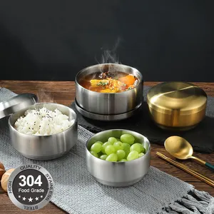 Grosir mangkuk Stainless Steel 304 emas Korea dengan tutup mangkuk sup nasi Anti jatuh mangkuk Salad masakan Korea