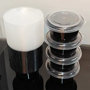 37 OZ 블랙 라운드 플라스틱 PP 전자 레인지 안전 그릇 뚜껑 일회용 플라스틱 1100ml 그릇 식품 용기