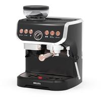 Machine à expresso noire avec moulin à café intégré, manomètre de pression sur le porte-filtre et buse vapeur pour mousse de lait, idéale pour la cuisine et le café