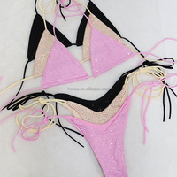 Ensemble de bikini B039 de style usine, culotte de bain coupe haute, tenue de strip-teaseuse sexy ornée de cristaux, avec logo personnalisé et style strass scintillant