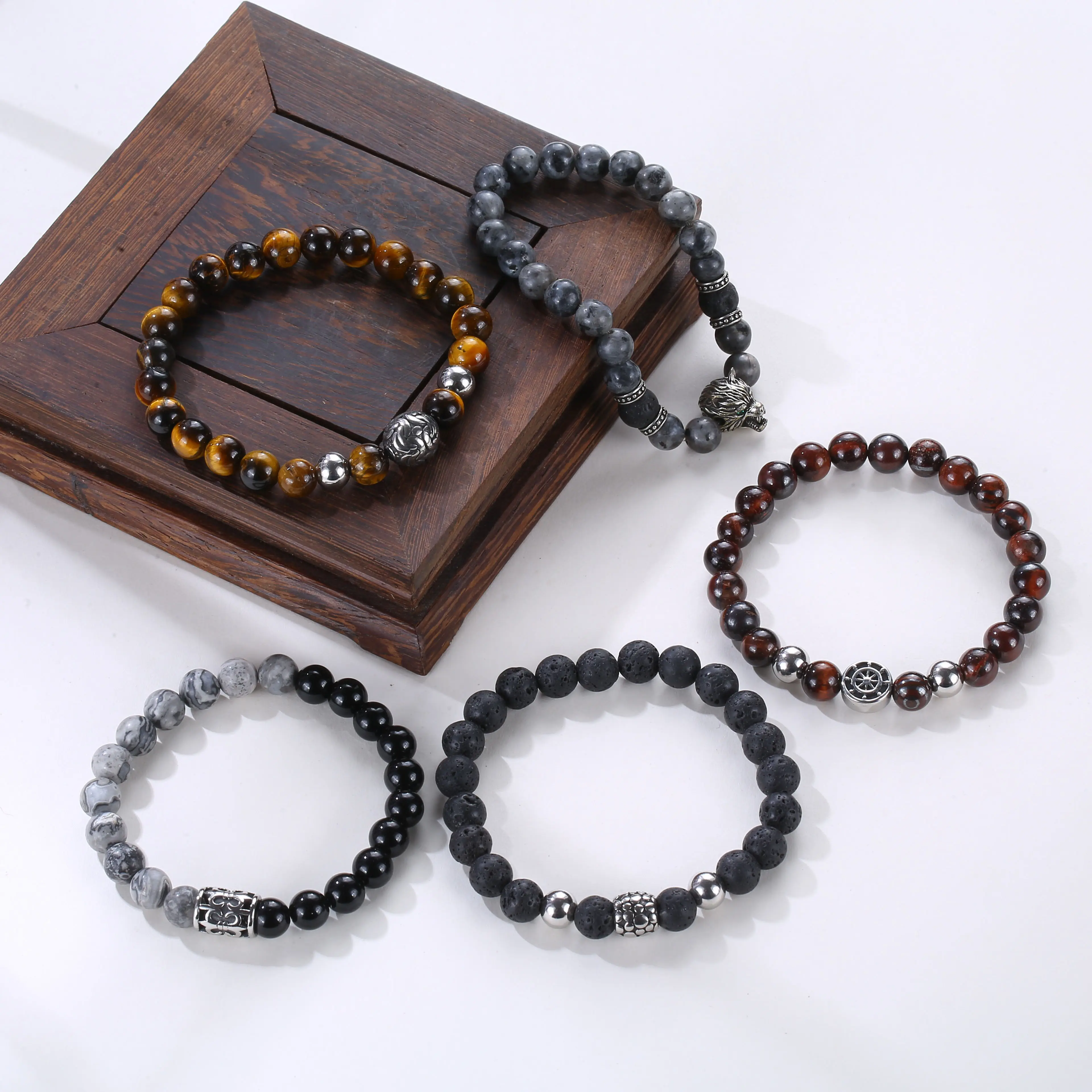 ขายส่งใหม่หรูหรา 8 มม.Tiger Eye หินลูกปัดสร้อยข้อมือหินธรรมชาติอัญมณีนิลลาวาสร้อยข้อมือลูกปัดสําหรับชาย