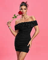 Robe moulante courte noire à épaules dénudées Ocstrade pour femme, avec garniture florale 3D, tenue de soirée, robe décontractée, style européen
