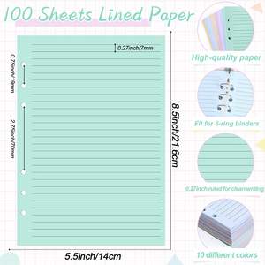 100 <span class=keywords><strong>Hojas</strong></span> A5, 6 Anillos, <span class=keywords><strong>Hojas</strong></span> Sueltas Impresas <span class=keywords><strong>con</strong></span> Líneas, Recambios para Carpetas, Insertos para Carpetas de 6 Anillos, 10 Colores, Regalo - Product Image 2