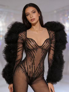 Mono de lujo negro con pedrería y malla elástica en 4 direcciones, mangas de tul con volantes, catsuit espectacular para espectáculos burlescos, showgirls y drag queens. - Product Image 1