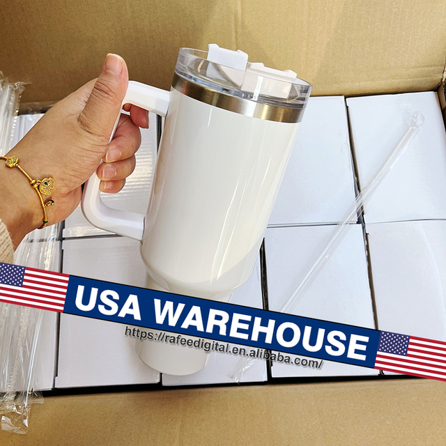 USA WAREHOUSE 40oz 40 oz Leakproof Spill Proof Stainless Steel White Blank Sublimation Tumbler with Removable Handle and Straw