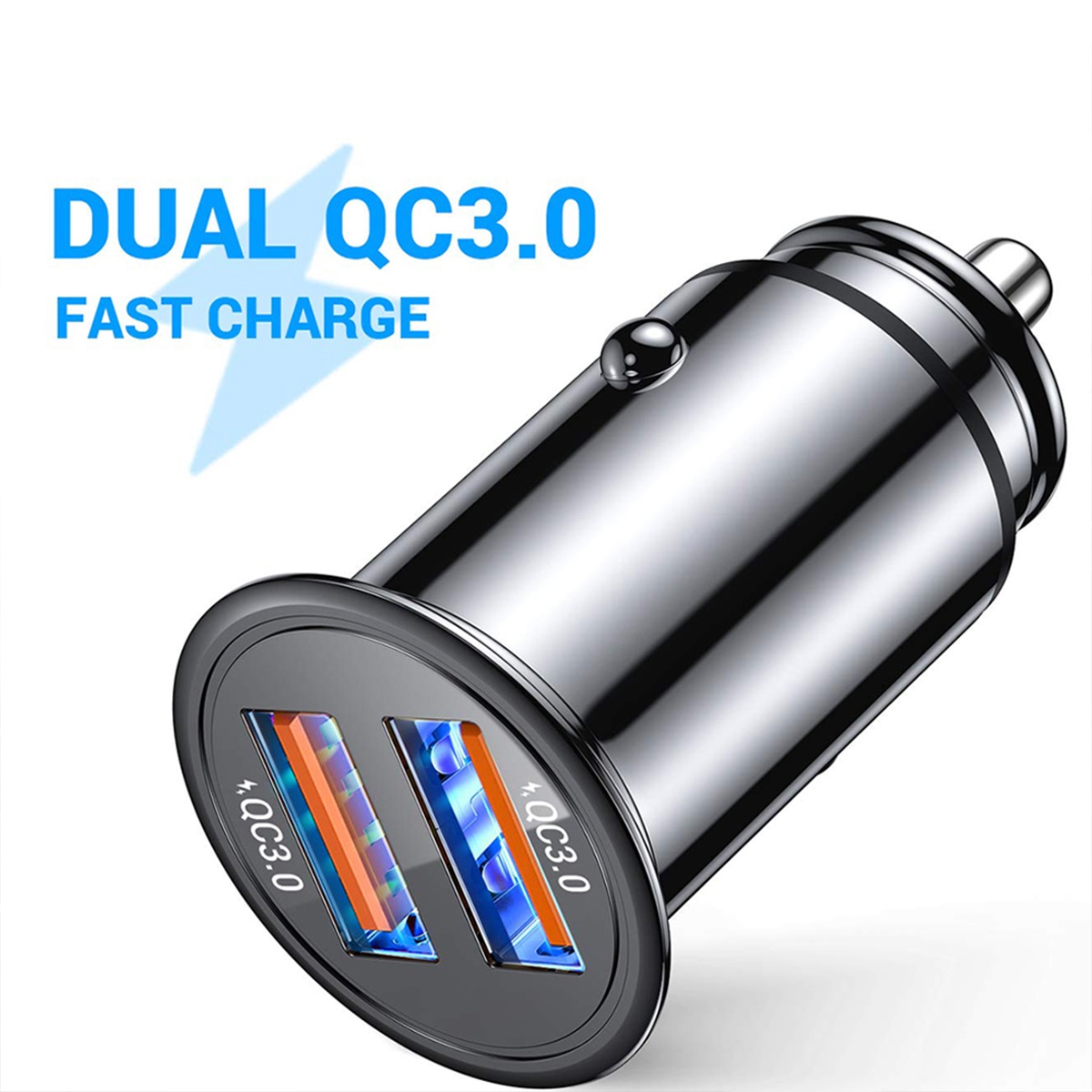 Metal Car Charger Dual Port QC3.0 Fast Charging Travel USB Portable Car Charger
