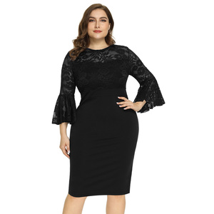 HNS02030 OEM Femmes Patchwork 3/4 Cloche Manches Col rond Hanches Gainé Noir Grande Taille Dentelle <span class=keywords><strong>Robes</strong></span> Grande Taille - Product Image 1