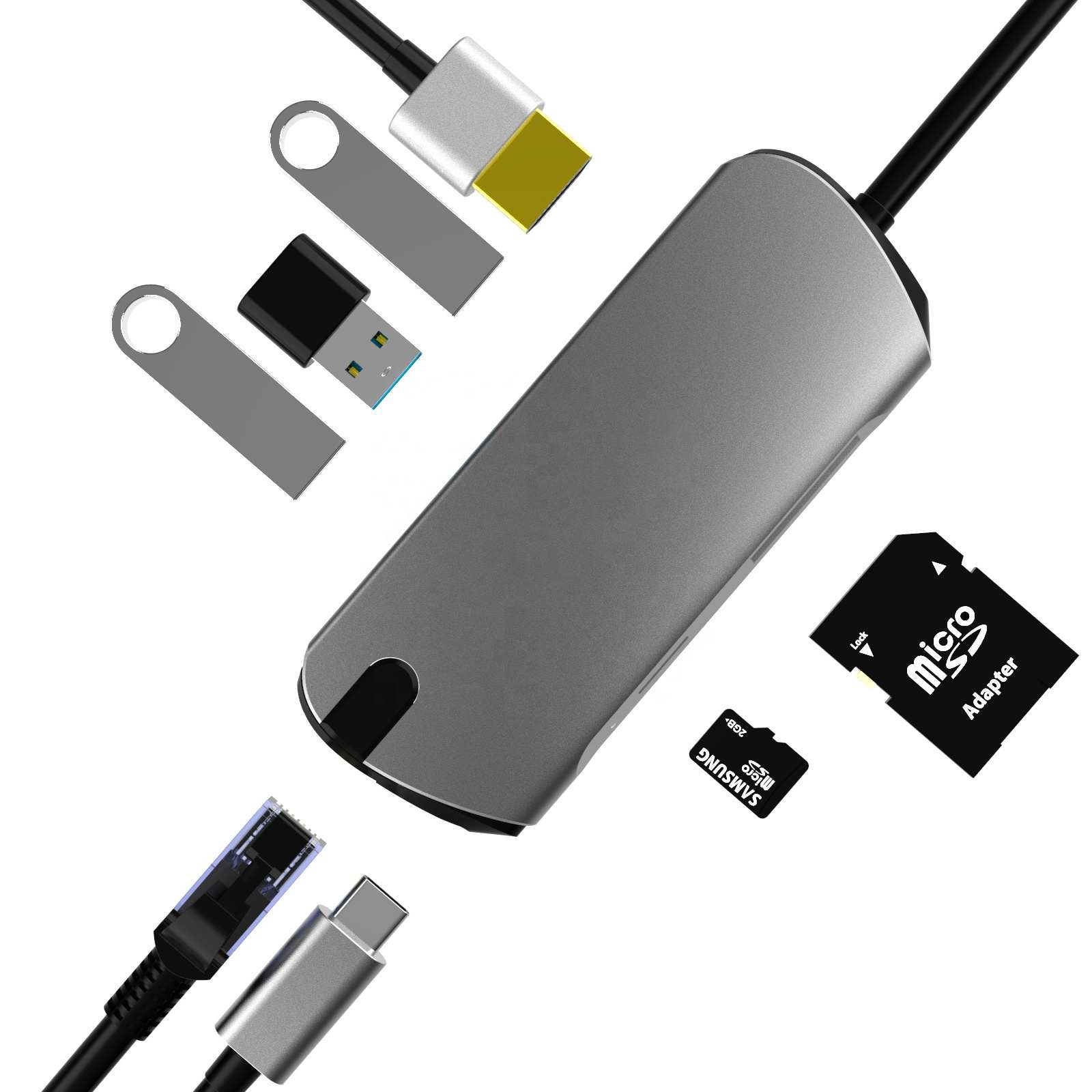BASIX usb 3,0 tipo c 8 en 1 adaptador de puerto hub 4K VGA RJ45 Gigabit Ethernet tarjeta sd lector usb