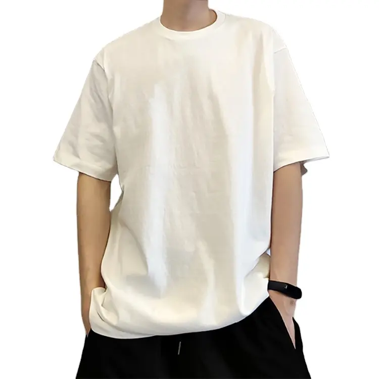 Heavy Cotton Solid Color White Loose Half Sleeve Short Sleeve No Side Seam T-shirt