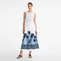 Robe midi pour femme, sans manches, col rond, corsage smocké, imprimé palmiers blancs et bleus, coupe évasée, imprimé bordure, personnalisable, vente en gros