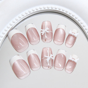 30 faux ongles carrés courts blancs style French, effet œil de chat, avec nœuds 3D, lignes French blanc laiteux, pour nail art, à presser, détachables - Product Image 4