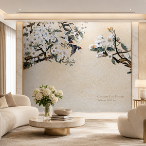 Mosaico in Pietra Fatto a Mano Personalizzato, Murale con Fiori e Uccelli, Piastrelle a Mosaico per Decorazione Murale, Pannello in Mosaico di Marmo - Product Image 3